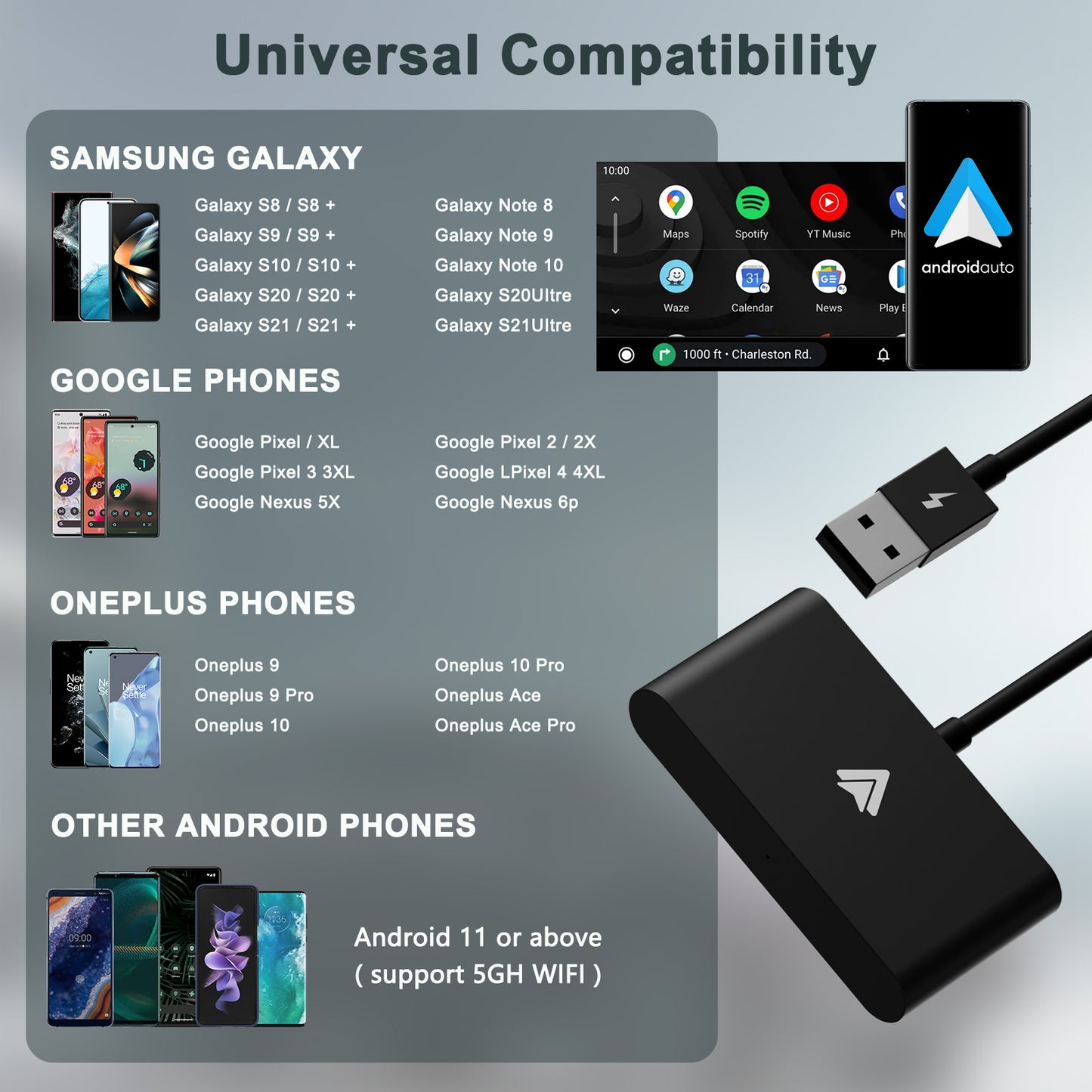 EXPLOTER CP-800-W20 Wired Android Auto Convert to Wireless Wi-Fi 2.4GHz and 5GHz Automatically connect