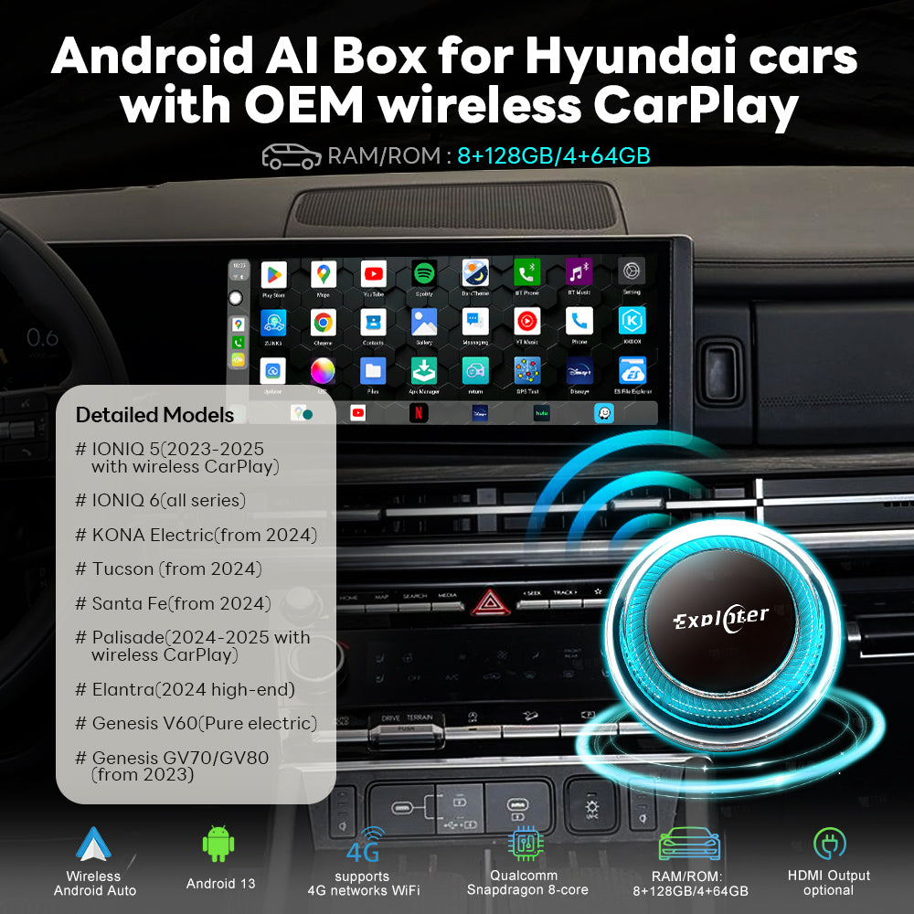 EXPLOTER Wireless AI Box for BMW or Other Car with Wireless Carplay System, Android 13, 8GB RAM, 128GB ROM, Dual WiFi, Support 4G Sim Card and HDMI output