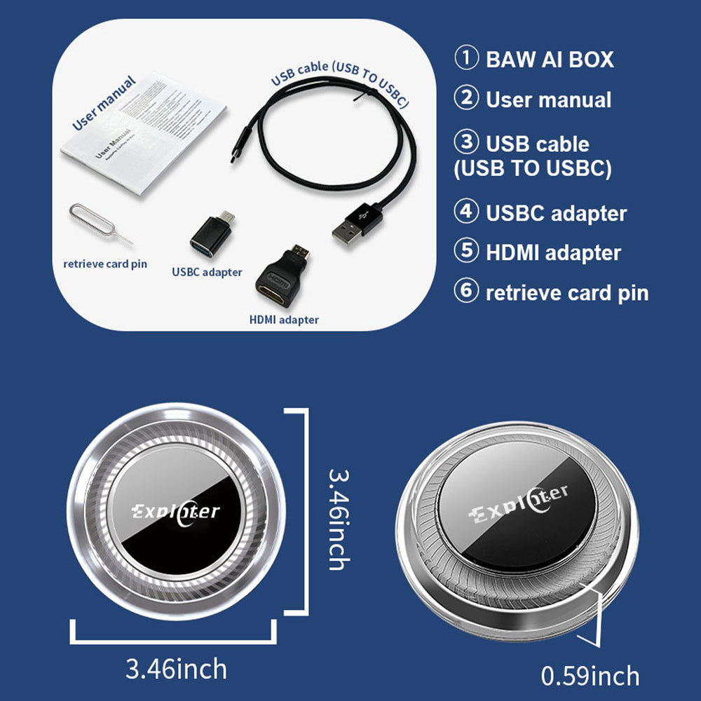 EXPLOTER Wireless AI Box for BMW or Other Car with Wireless Carplay System, Android 13, 8GB RAM, 128GB ROM, Dual WiFi, Support 4G Sim Card and HDMI output