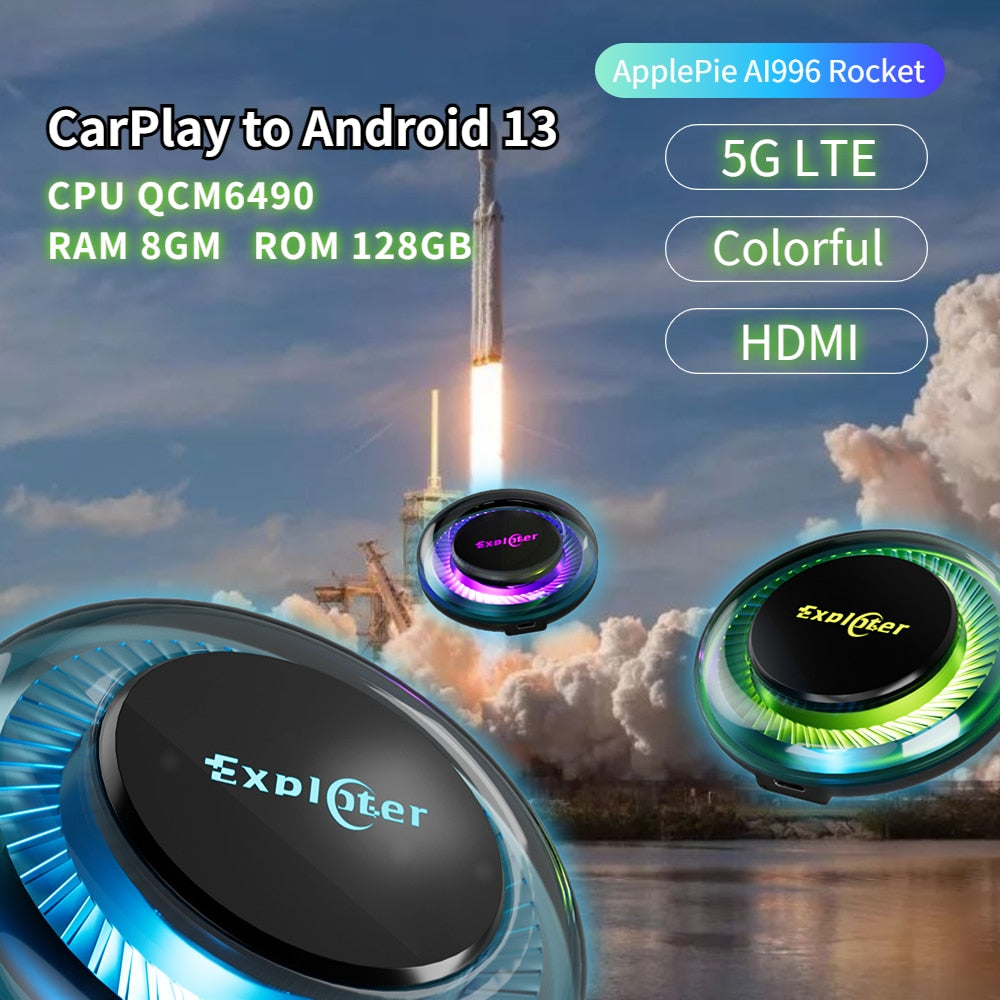 EXPLOTER AI-996 Rocket ApplePie - Carplay Ai Box 5G 4G LTE (Not for USA/CA) SIM Card Support Wireless CarPlay Android Auto CPU QCM6490 2.7 GHz GPS HDMI RAM /ROM 8GB /128GB GPS YouTube Netflix