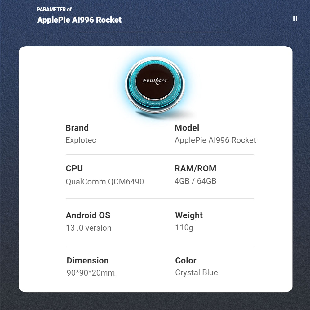 EXPLOTER AI-996 Rocket ApplePie - Carplay Ai Box 5G LTE SIM Card Support Wireless CarPlay Android Auto CPU QCM6490 2.7 GHz GPS HDMI RAM /ROM 8GB /128GB GPS YouTube Netflix