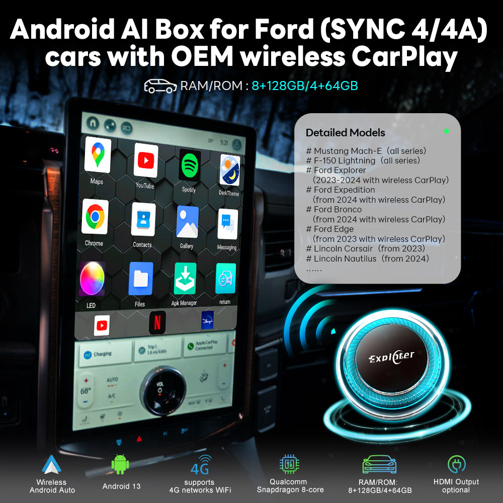 EXPLOTER Wireless AI Box for BMW or Other Car with Wireless Carplay System, Android 13, 8GB RAM, 128GB ROM, Dual WiFi, Support 4G Sim Card and HDMI output