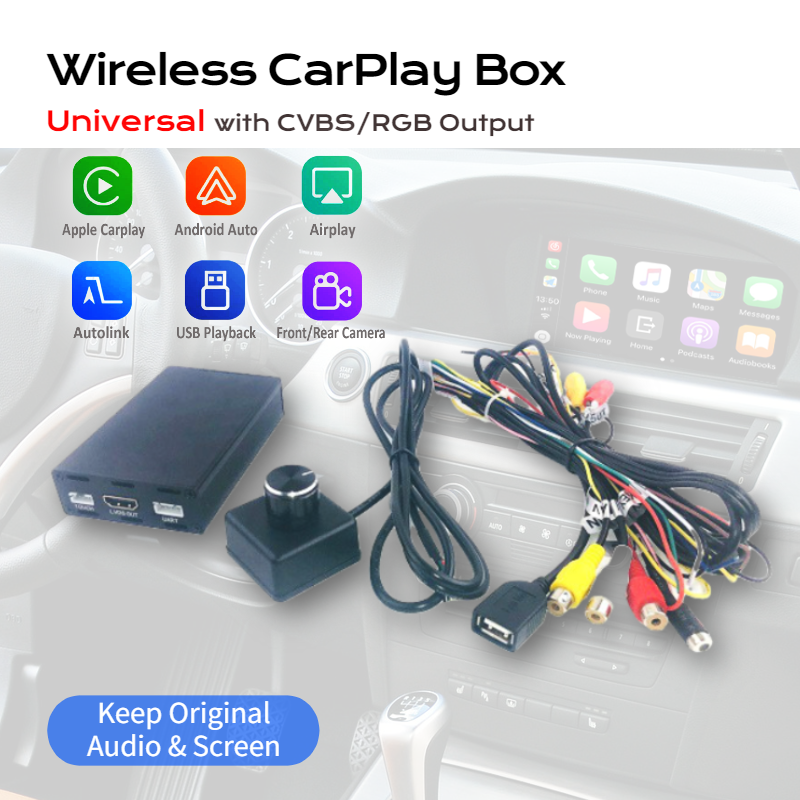 2024 Newest Wireless CarPlay Module Universal with Android Auto Phone Mirroring USB Video Playback Touch Screen Microphone Knob RGBs and CVBS Video Output for Monitor and Video Interface Box