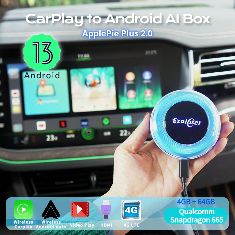 EXPLOTER AI-996 Plus 2.0 ApplePie - Android 13 Wireless CarPlay AI Box CPU 8 Core 665 RAM 4GB HDMI Video Output 4G LTE SIM Card Youtube Netflix