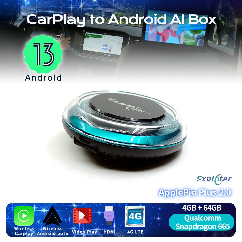 EXPLOTER AI-996 Plus 2.0 ApplePie - Android 13 Wireless CarPlay AI Box CPU 8 Core 665 RAM 4GB HDMI Video Output 4G LTE SIM Card Youtube Netflix