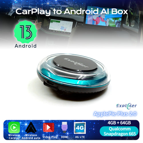 EXPLOTER AI-996 Plus 2.0 ApplePie - Android 13 Wireless CarPlay AI Box CPU 8 Core 665 RAM 4GB HDMI Video Output 4G LTE SIM Card Youtube Netflix