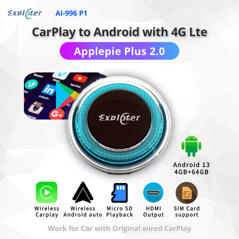 EXPLOTER AI-996 Plus 2.0 ApplePie - Android 13 Wireless CarPlay AI Box CPU 8 Core 665 RAM 4GB HDMI Video Output 4G LTE SIM Card Youtube Netflix