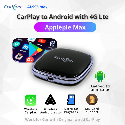 EXPLOTER AI-996 Max ApplePie - Carplay AI Box Android 10 Wireless CarPlay Android-auto 4G LTE SIM Mirror Shell Qualcomm 8 Core USB Youtube Netfix