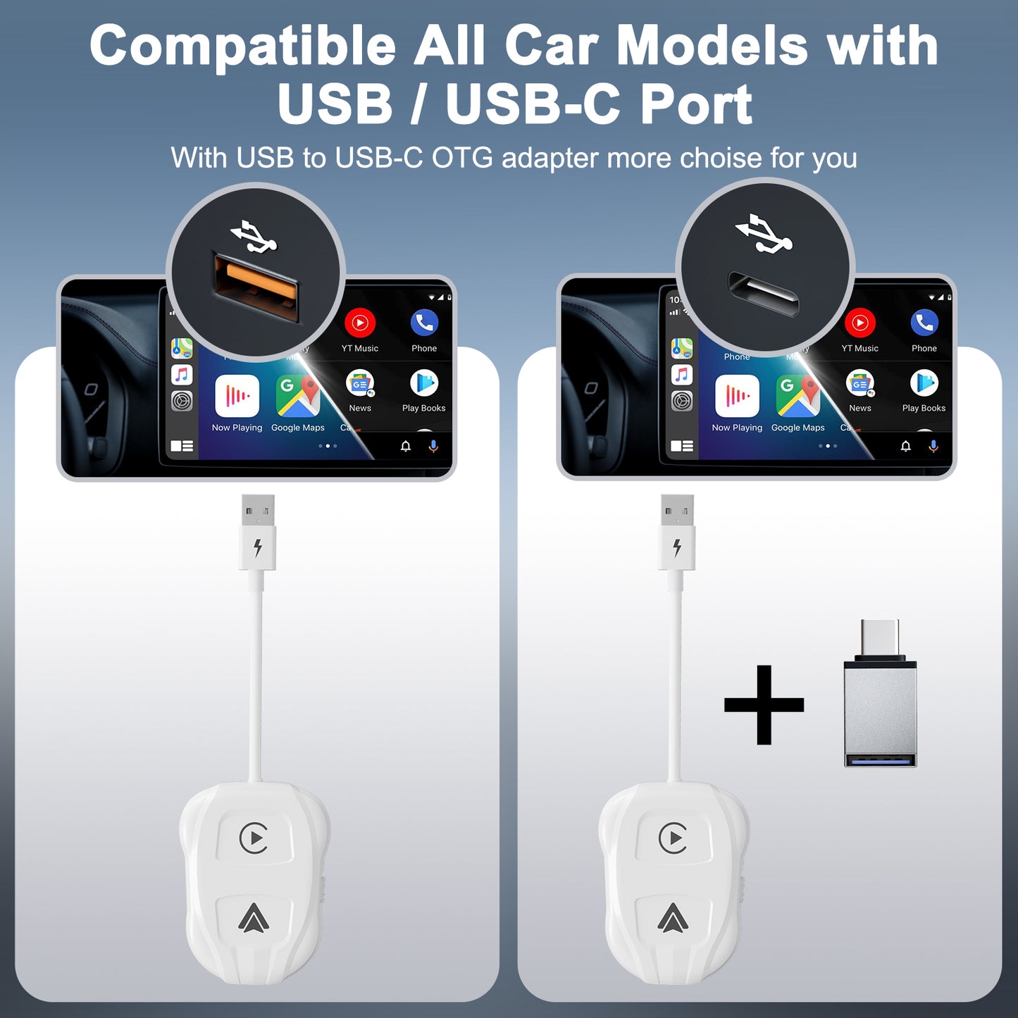 EXPLOTER 2-in-1 Wireless CarPlay Adapter & Android Auto CP-800-W9 2024 Upgrade Dongle Convert Wired Apple Car Play to Wireless, Plug & Play, Fast Auto Connect, Compatible with iOS 12+ & Android 11+ [White]