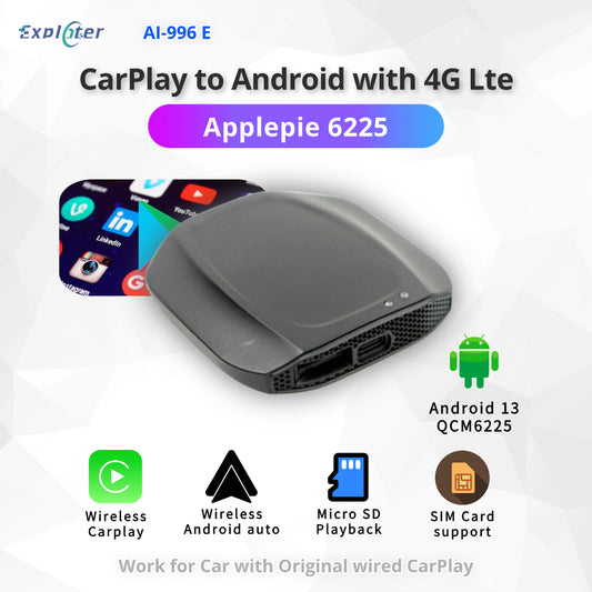 EXPLOTER "AI-996 E" Applepie CarPlay to Wireless CP and AA Smart Box QualComm 6nm Snapdragon 680 SM6225 8-Core 2.4GHz Max Android 13 RAM 8GB ROM 128GB 4G SIM Card Support Wi-Fi Dual-BT Google Play YouTube NetFlix GPS Built-in