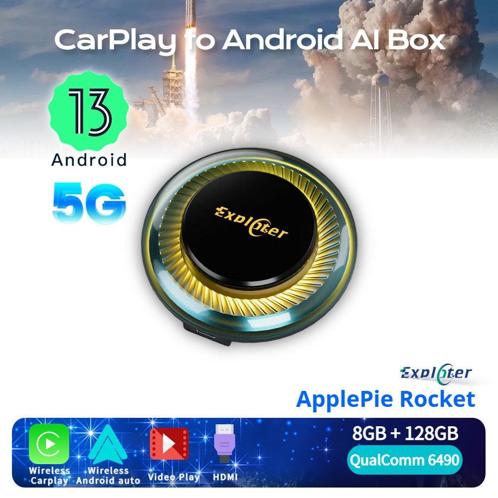 EXPLOTER AI-996 Rocket ApplePie - Carplay Ai Box 5G 4G LTE (Not for USA/CA) SIM Card Support Wireless CarPlay Android Auto CPU QCM6490 2.7 GHz GPS HDMI RAM /ROM 8GB /128GB GPS YouTube Netflix