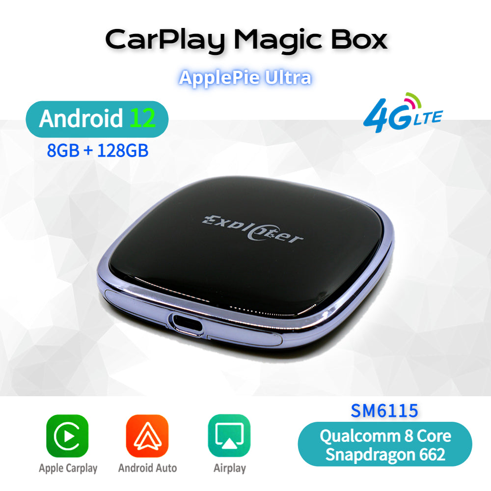 EXPLOTER AI-996 Ultra ApplePie - CarPlay AI Box Android 13 RAM 8GB CPU 8 Core Snapdragon 662 SM6115 Wireless Smart USB Adapter 4G LTE SIM GPS YouTube Netflix