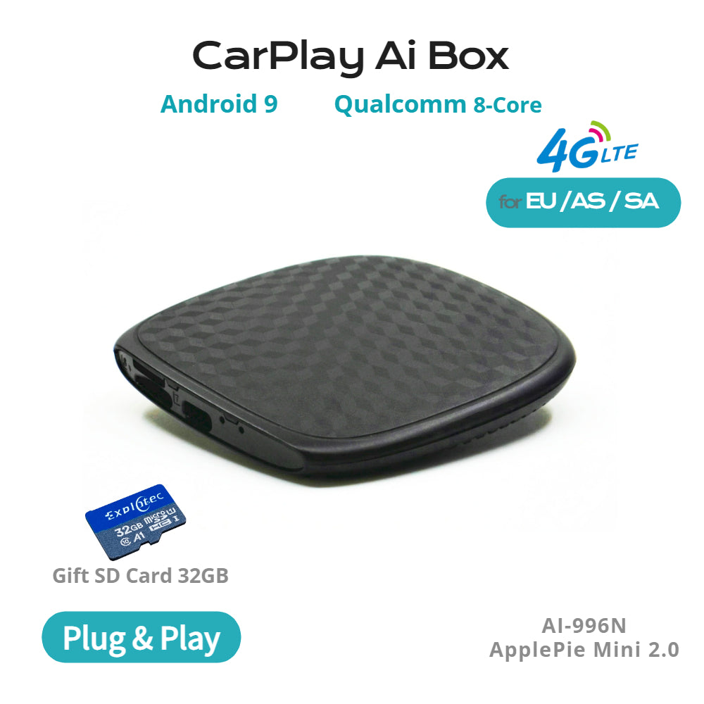 EXPLOTER AI-996 Mini ApplePie - Car Smart Box CPU 8-Core RAM 4GB+64GB Wireless CarPlay Mifi Dual BT 4G LTE SIM Card Youtube Netfliex